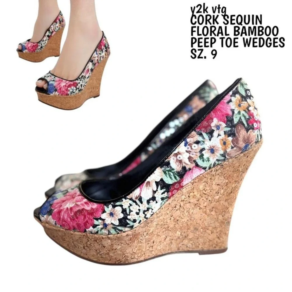 Y2K VTG. CORK PLATFORM FLORAL SEQUIN BAMBOO WEDGES‎ SIZE 9.